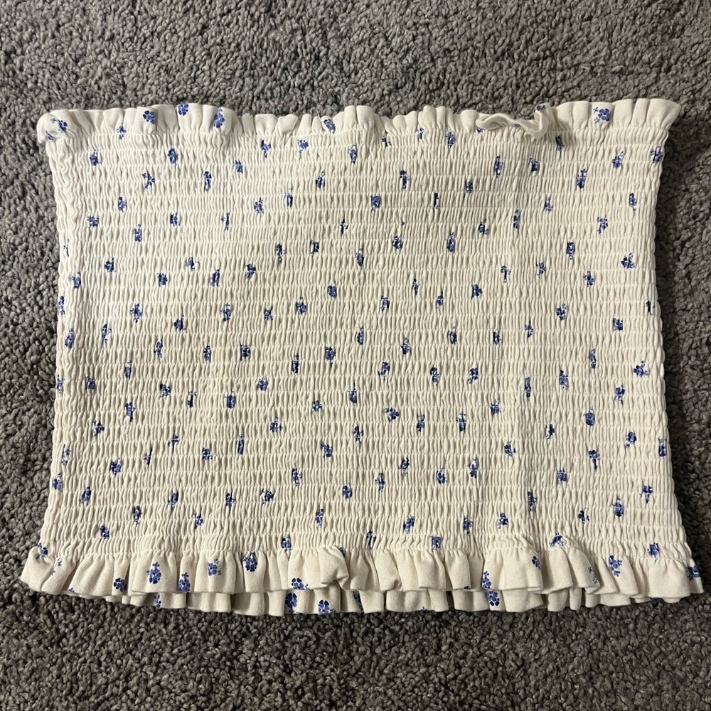 H&M White Smocked Tube Top with Blue Floral Pattern